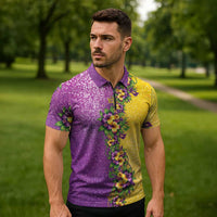 Hawaii Mardi Gras Zipper Polo Shirt Plumeria Lei Beads Glitter Style
