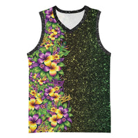 Hawaii Mardi Gras Basketball Jersey Tropical Flowers Glitter Style