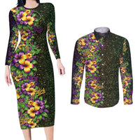 Hawaii Mardi Gras Couples Matching Long Sleeve Bodycon Dress and Long Sleeve Button Shirt Tropical Flowers Glitter Style