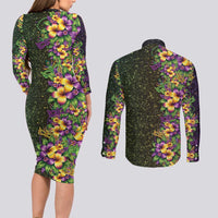 Hawaii Mardi Gras Couples Matching Long Sleeve Bodycon Dress and Long Sleeve Button Shirt Tropical Flowers Glitter Style