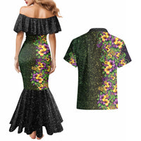 Hawaii Mardi Gras Couples Matching Mermaid Dress and Hawaiian Shirt Tropical Flowers Glitter Style