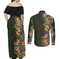 Hawaii Mardi Gras Couples Matching Off Shoulder Maxi Dress and Long Sleeve Button Shirt Tropical Flowers Glitter Style