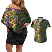 Hawaii Mardi Gras Couples Matching Off Shoulder Short Dress and Hawaiian Shirt Tropical Flowers Glitter Style