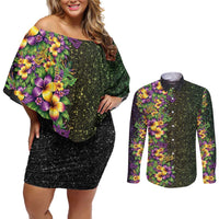 Hawaii Mardi Gras Couples Matching Off Shoulder Short Dress and Long Sleeve Button Shirt Tropical Flowers Glitter Style