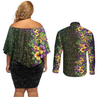 Hawaii Mardi Gras Couples Matching Off Shoulder Short Dress and Long Sleeve Button Shirt Tropical Flowers Glitter Style