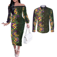 Hawaii Mardi Gras Couples Matching Off The Shoulder Long Sleeve Dress and Long Sleeve Button Shirt Tropical Flowers Glitter Style