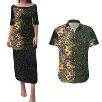 Hawaii Mardi Gras Couples Matching Puletasi and Hawaiian Shirt Tropical Flowers Glitter Style