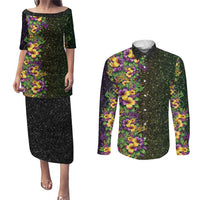 Hawaii Mardi Gras Couples Matching Puletasi and Long Sleeve Button Shirt Tropical Flowers Glitter Style