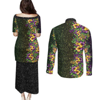 Hawaii Mardi Gras Couples Matching Puletasi and Long Sleeve Button Shirt Tropical Flowers Glitter Style