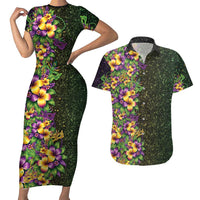 Hawaii Mardi Gras Couples Matching Short Sleeve Bodycon Dress and Hawaiian Shirt Tropical Flowers Glitter Style