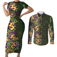 Hawaii Mardi Gras Couples Matching Short Sleeve Bodycon Dress and Long Sleeve Button Shirt Tropical Flowers Glitter Style