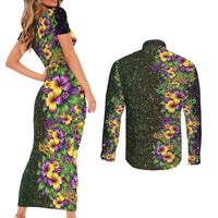 Hawaii Mardi Gras Couples Matching Short Sleeve Bodycon Dress and Long Sleeve Button Shirt Tropical Flowers Glitter Style