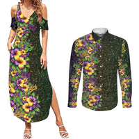 Hawaii Mardi Gras Couples Matching Summer Maxi Dress and Long Sleeve Button Shirt Tropical Flowers Glitter Style