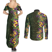 Hawaii Mardi Gras Couples Matching Summer Maxi Dress and Long Sleeve Button Shirt Tropical Flowers Glitter Style