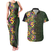 Hawaii Mardi Gras Couples Matching Tank Maxi Dress and Hawaiian Shirt Tropical Flowers Glitter Style