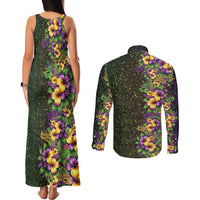 Hawaii Mardi Gras Couples Matching Tank Maxi Dress and Long Sleeve Button Shirt Tropical Flowers Glitter Style