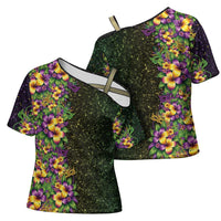Hawaii Mardi Gras Cross Shoulder Shirt Tropical Flowers Glitter Style