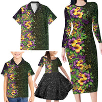 Hawaii Mardi Gras Family Matching Long Sleeve Bodycon Dress and Hawaiian Shirt Tropical Flowers Glitter Style