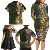 Hawaii Mardi Gras Family Matching Long Sleeve Bodycon Dress and Hawaiian Shirt Tropical Flowers Glitter Style