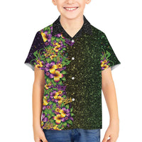 Hawaii Mardi Gras Family Matching Off The Shoulder Long Sleeve Dress and Hawaiian Shirt Tropical Flowers Glitter Style