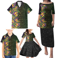 Hawaii Mardi Gras Family Matching Puletasi and Hawaiian Shirt Tropical Flowers Glitter Style