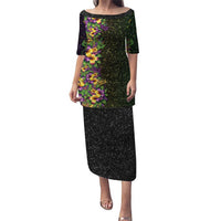 Hawaii Mardi Gras Family Matching Puletasi and Hawaiian Shirt Tropical Flowers Glitter Style