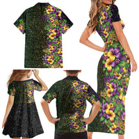 Hawaii Mardi Gras Family Matching Short Sleeve Bodycon Dress and Hawaiian Shirt Tropical Flowers Glitter Style