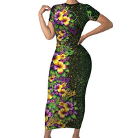Hawaii Mardi Gras Family Matching Short Sleeve Bodycon Dress and Hawaiian Shirt Tropical Flowers Glitter Style