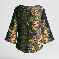 Hawaii Mardi Gras Kimono Sleeve Blouse Tropical Flowers Glitter Style