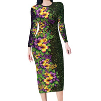 Hawaii Mardi Gras Long Sleeve Bodycon Dress Tropical Flowers Glitter Style