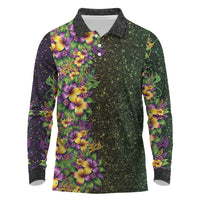 Hawaii Mardi Gras Long Sleeve Polo Shirt Tropical Flowers Glitter Style