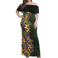 Hawaii Mardi Gras Off Shoulder Maxi Dress Tropical Flowers Glitter Style
