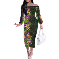 Hawaii Mardi Gras Off The Shoulder Long Sleeve Dress Tropical Flowers Glitter Style