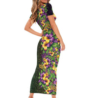 Hawaii Mardi Gras Short Sleeve Bodycon Dress Tropical Flowers Glitter Style