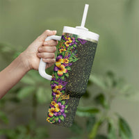 Hawaii Mardi Gras Tumbler With Handle Tropical Flowers Glitter Style