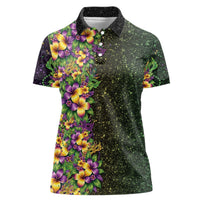 Hawaii Mardi Gras Women Polo Shirt Tropical Flowers Glitter Style