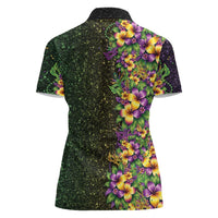 Hawaii Mardi Gras Women Polo Shirt Tropical Flowers Glitter Style