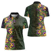 Hawaii Mardi Gras Women Polo Shirt Tropical Flowers Glitter Style