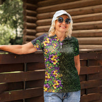 Hawaii Mardi Gras Women Polo Shirt Tropical Flowers Glitter Style