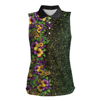Hawaii Mardi Gras Women Sleeveless Polo Shirt Tropical Flowers Glitter Style