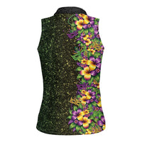 Hawaii Mardi Gras Women Sleeveless Polo Shirt Tropical Flowers Glitter Style