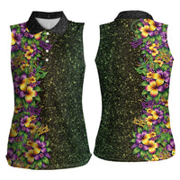 Hawaii Mardi Gras Women Sleeveless Polo Shirt Tropical Flowers Glitter Style