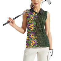 Hawaii Mardi Gras Women Sleeveless Polo Shirt Tropical Flowers Glitter Style