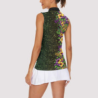 Hawaii Mardi Gras Women Sleeveless Polo Shirt Tropical Flowers Glitter Style