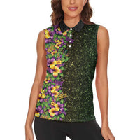 Hawaii Mardi Gras Women Sleeveless Polo Shirt Tropical Flowers Glitter Style