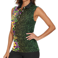 Hawaii Mardi Gras Women Sleeveless Polo Shirt Tropical Flowers Glitter Style