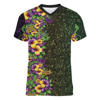 Hawaii Mardi Gras Women V-Neck T-Shirt Tropical Flowers Glitter Style