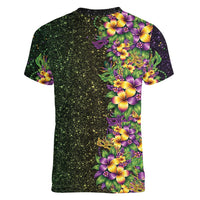 Hawaii Mardi Gras Women V-Neck T-Shirt Tropical Flowers Glitter Style