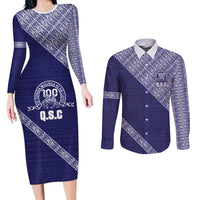 Tonga Queen Salote College Couples Matching Long Sleeve Bodycon Dress and Long Sleeve Button Shirt 100 Years Anniversary Navy Color