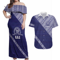 Tonga Queen Salote College Couples Matching Off Shoulder Maxi Dress and Hawaiian Shirt 100 Years Anniversary Navy Color